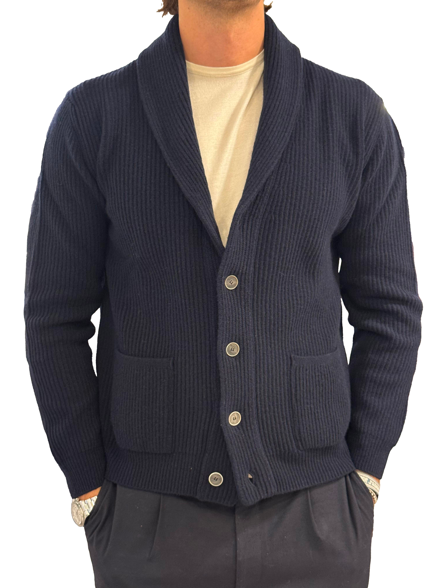 Cardigan pura lana a coste inglese