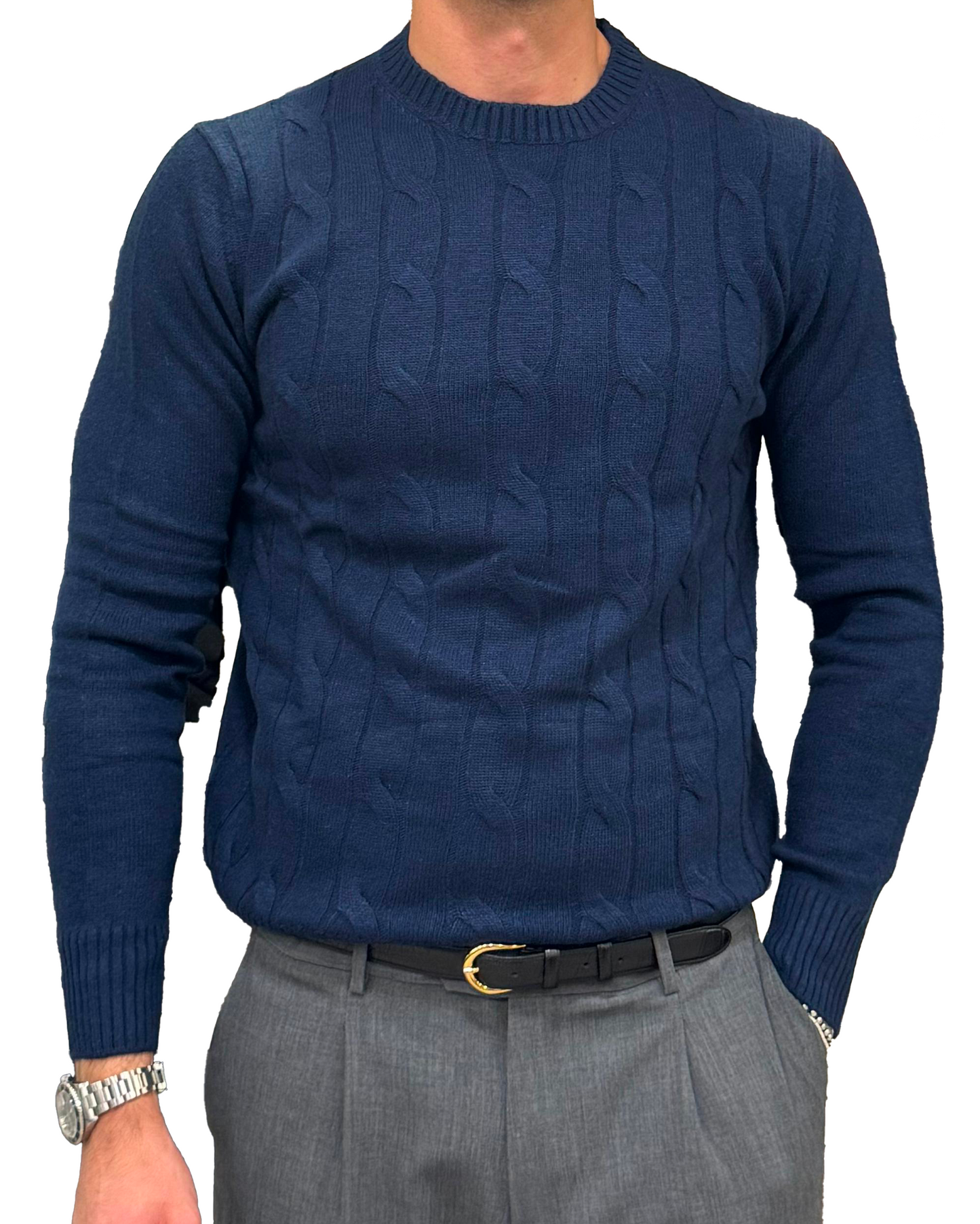 Maglione girocollo treccia lana e cashmere