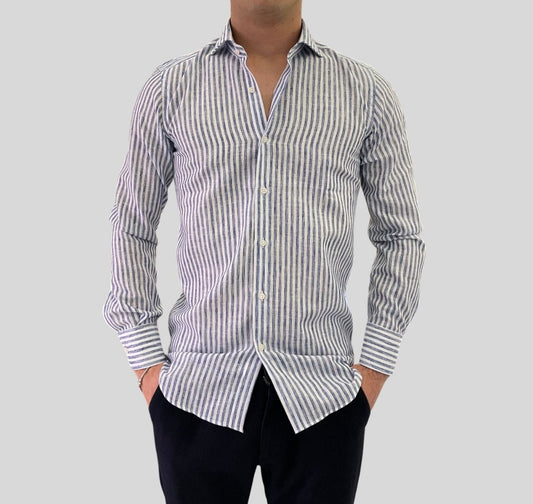 Camicia lino e cotone righe blu