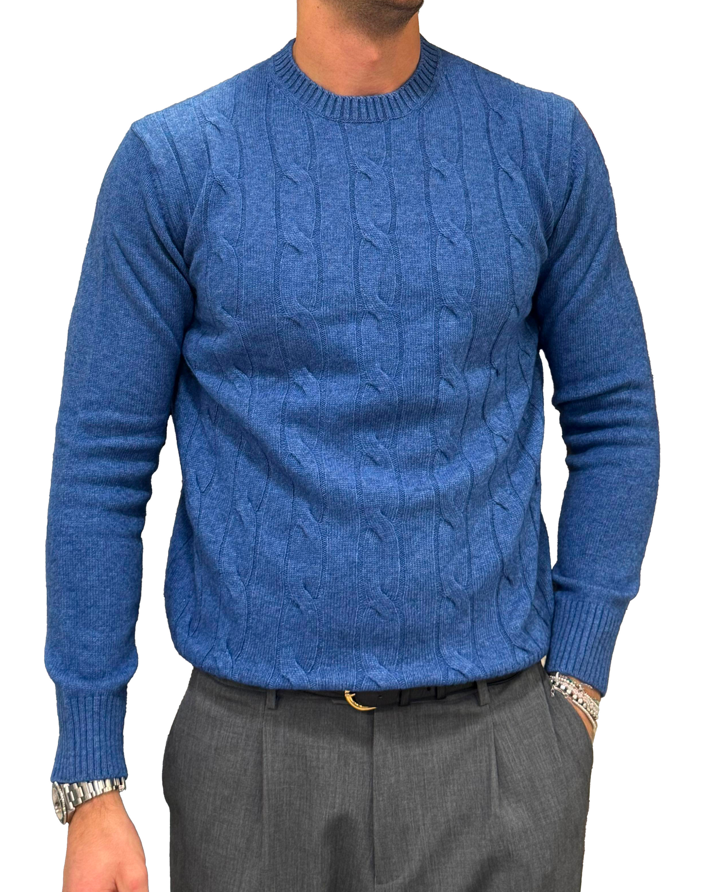 Maglione girocollo treccia lana e cashmere