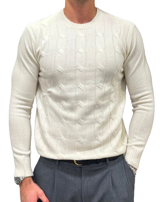 Maglione girocollo treccia lana e cashmere