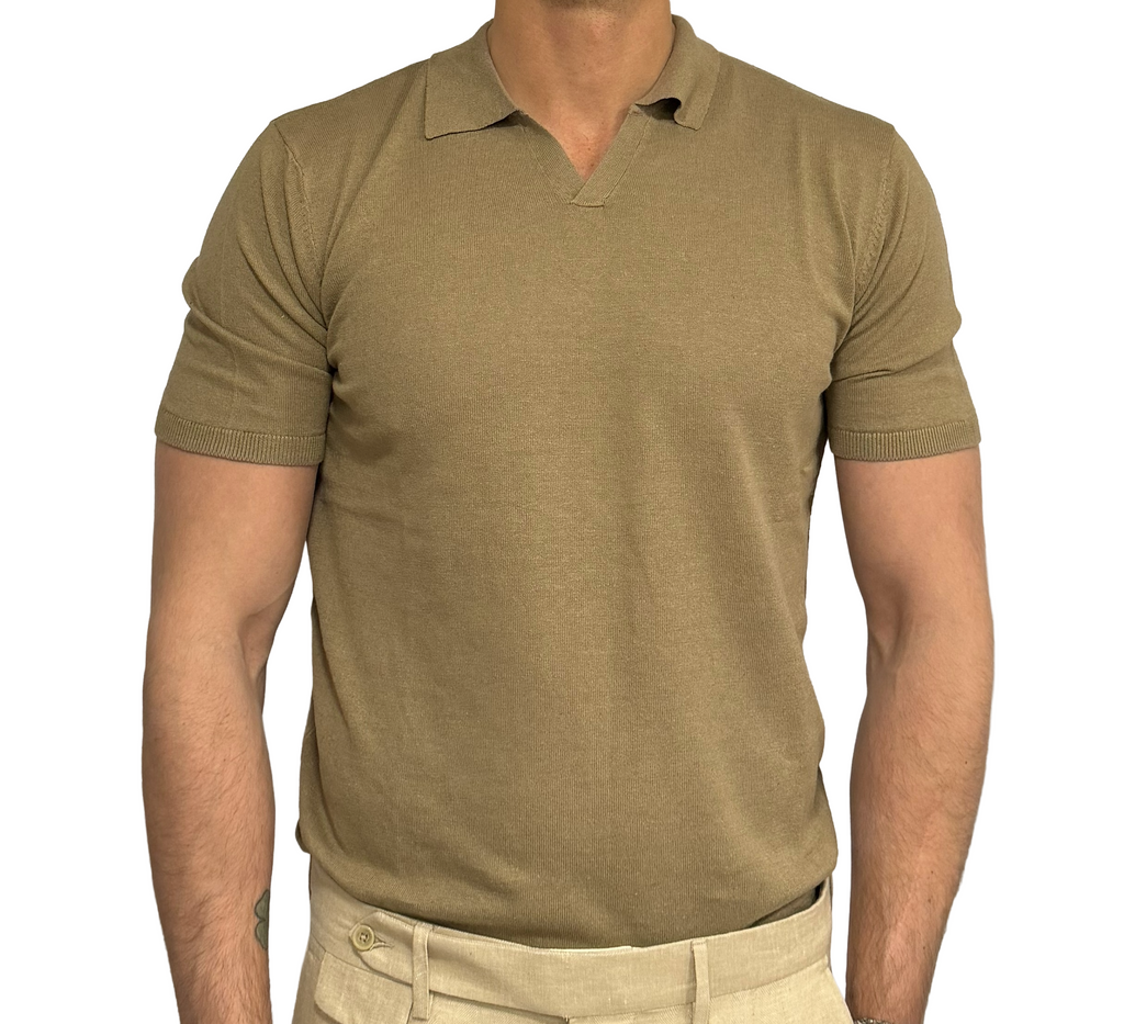 Linen and cotton knit polo shirt with derby collar