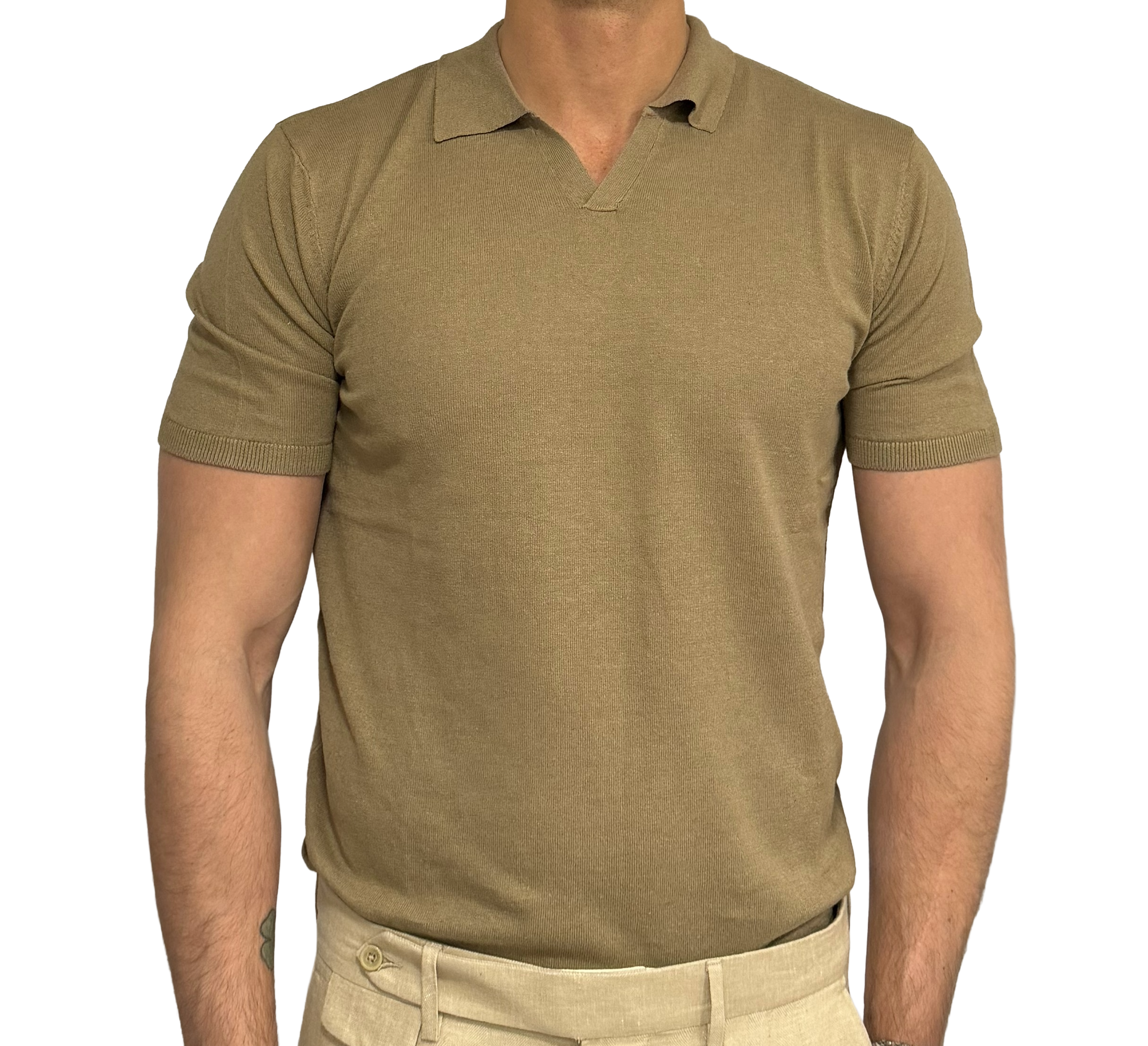 Linen and cotton knit polo shirt with derby collar