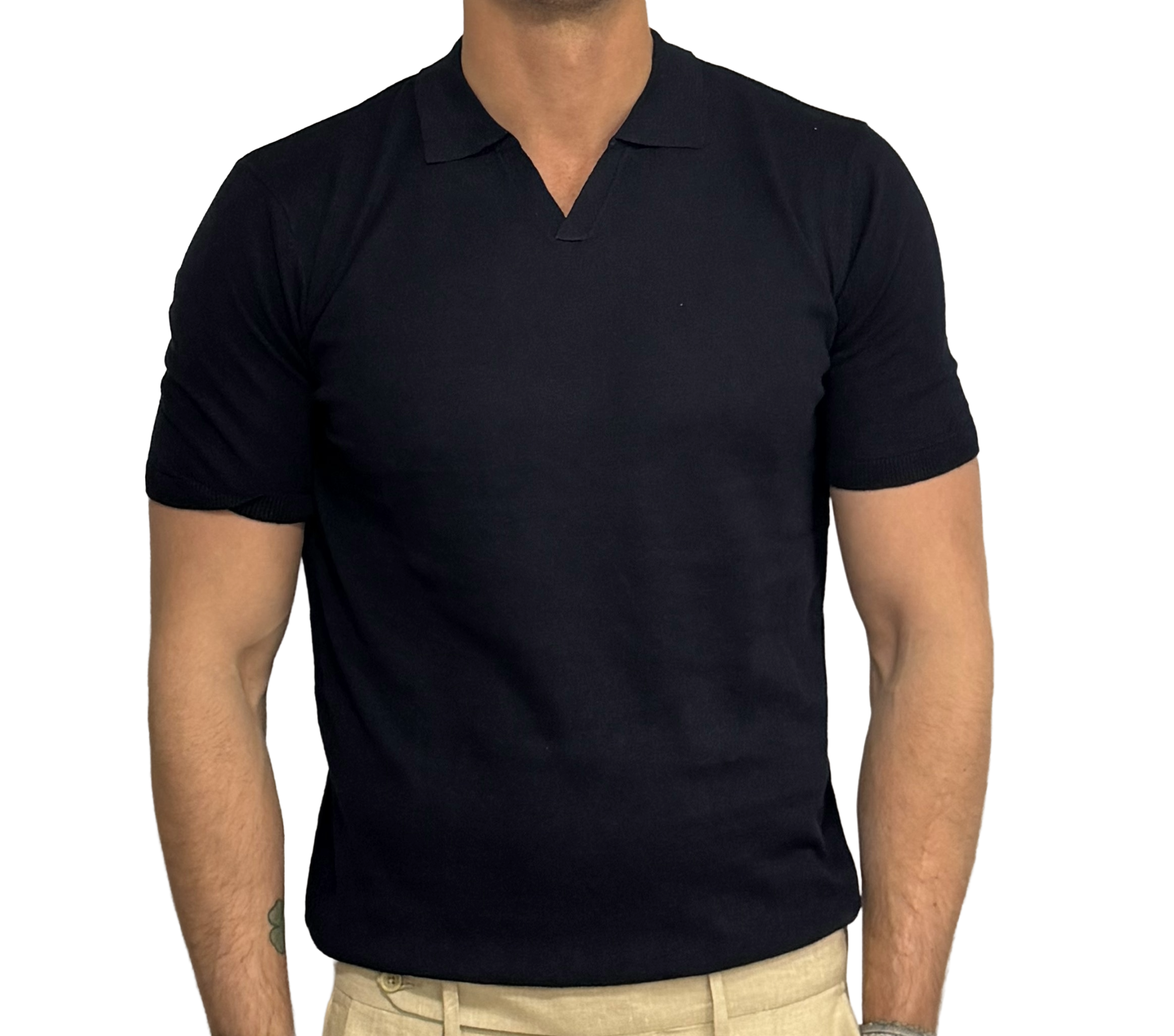 Linen and cotton knit polo shirt with derby collar