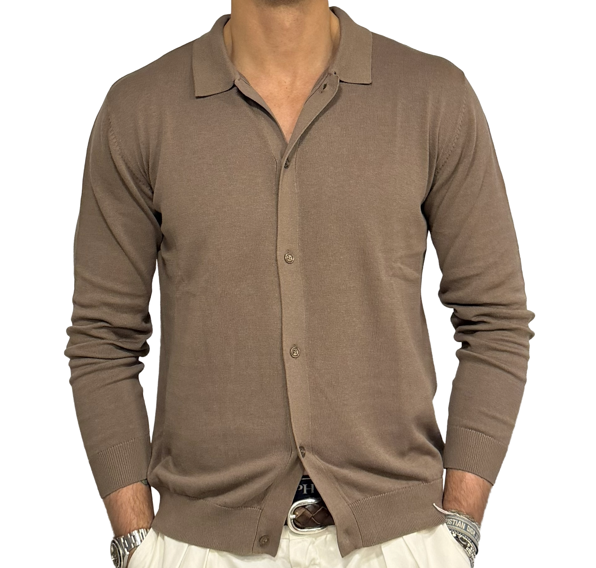 Linen and cotton knit polo shirt