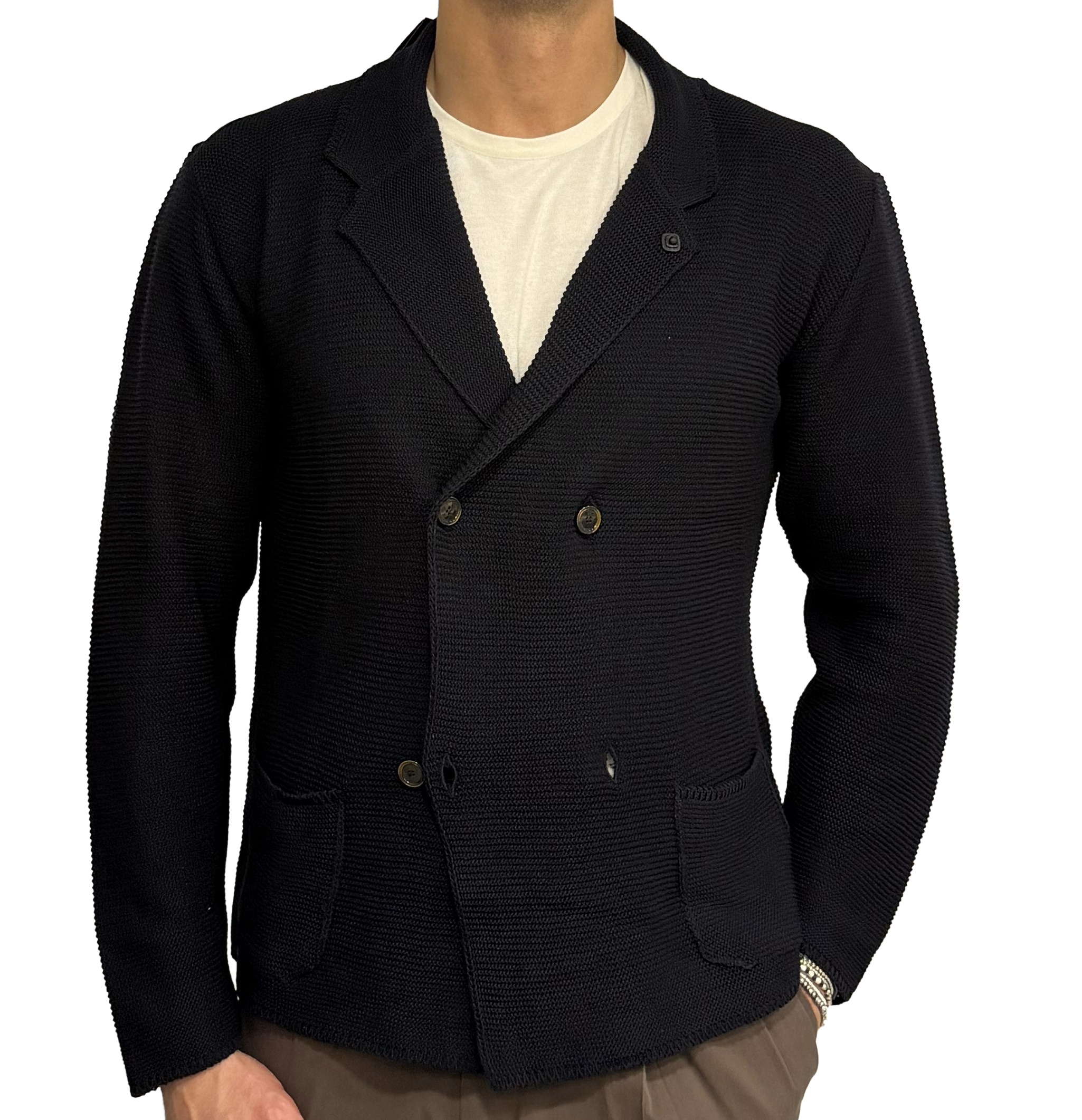Double-breasted knit jacket Outfit