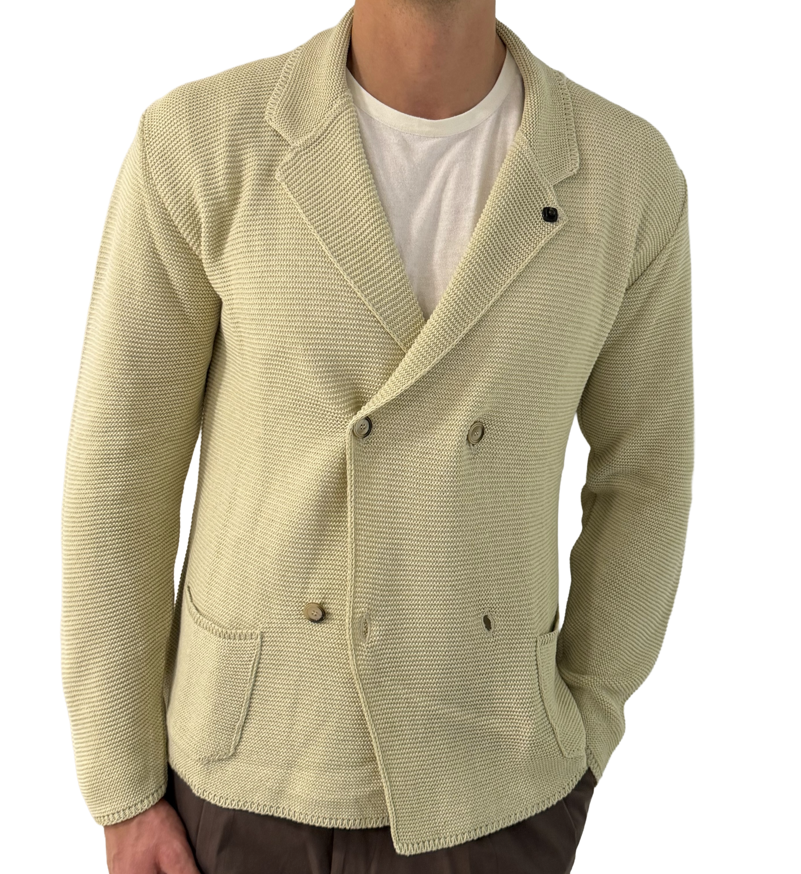 Double-breasted knit jacket Outfit