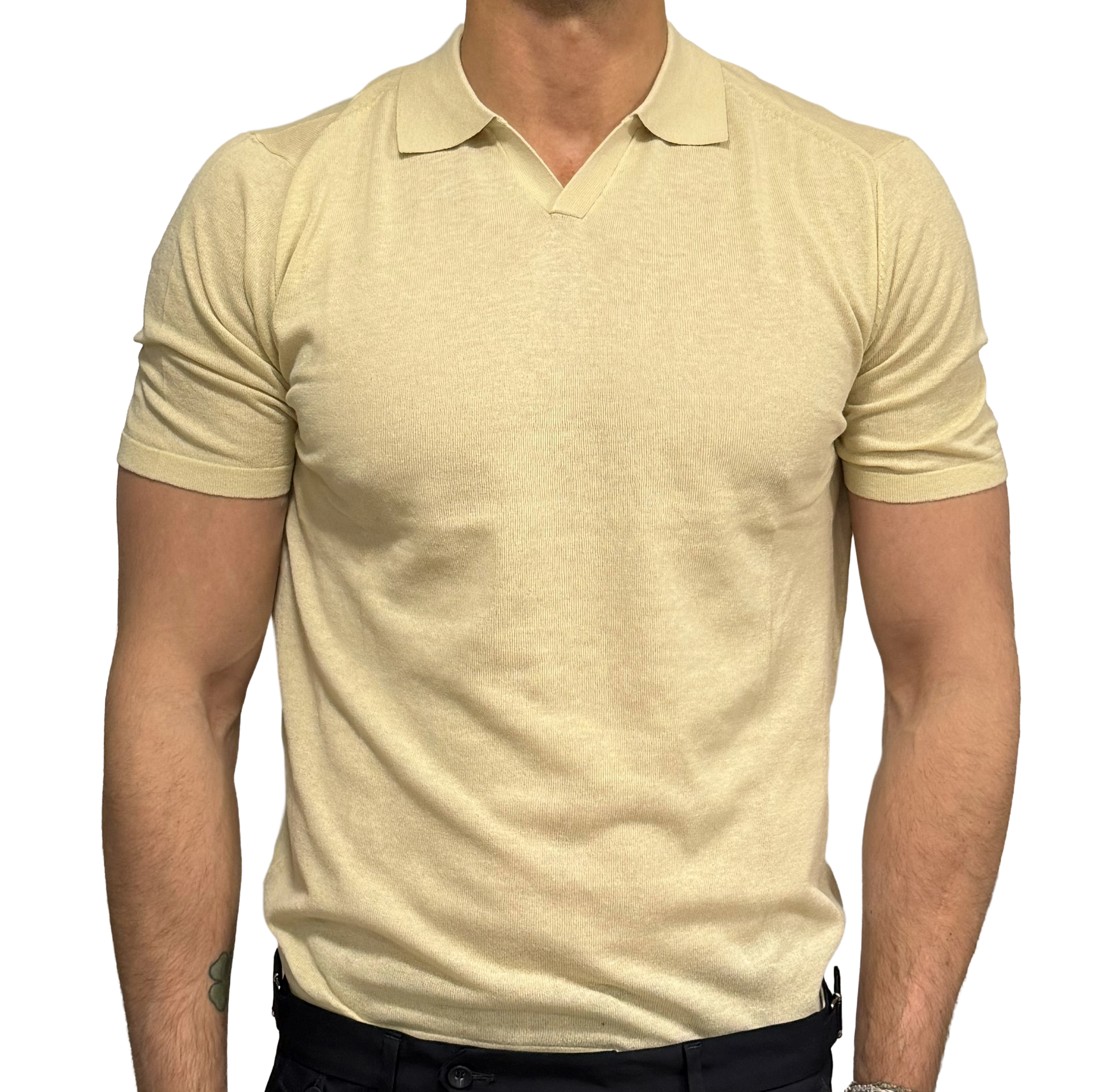 Linen and cotton knit polo shirt with derby collar