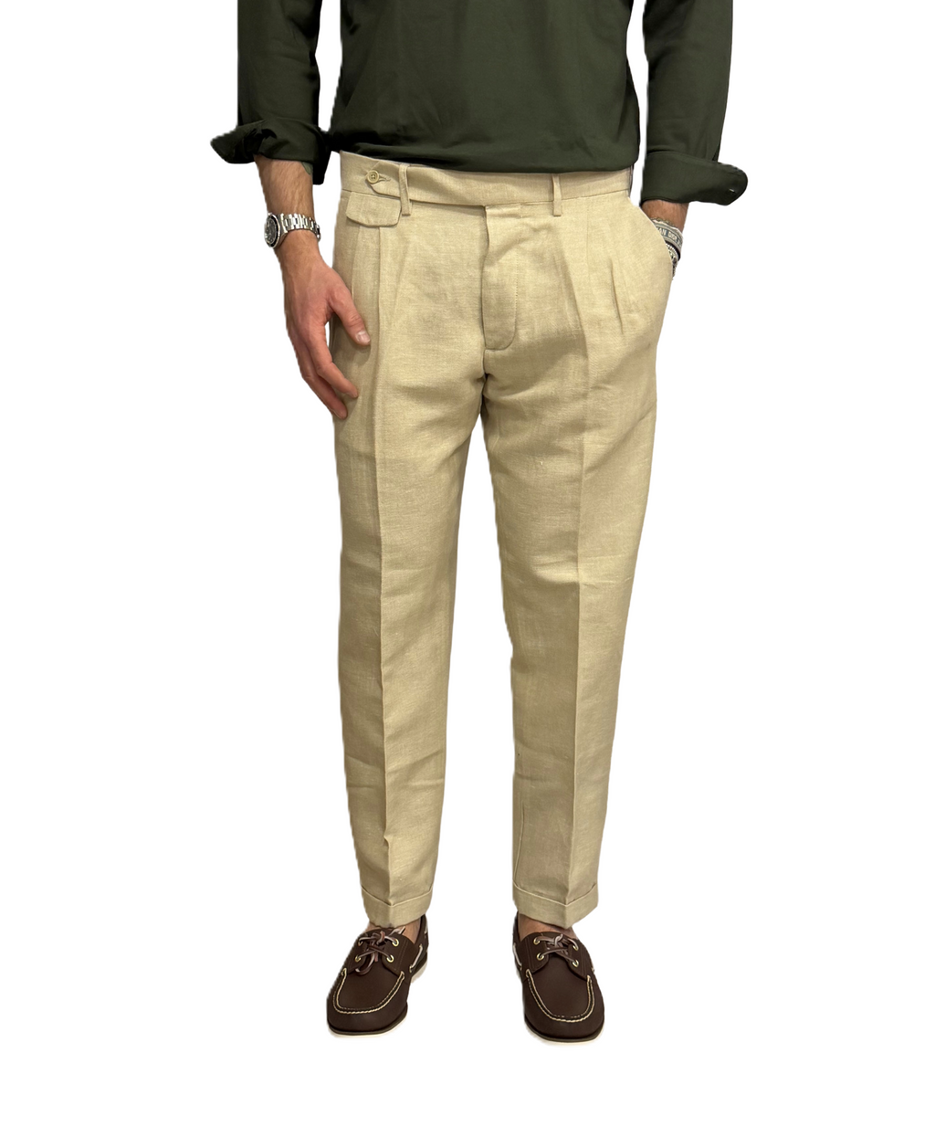 Tailored herringbone linen and cotton trousers
