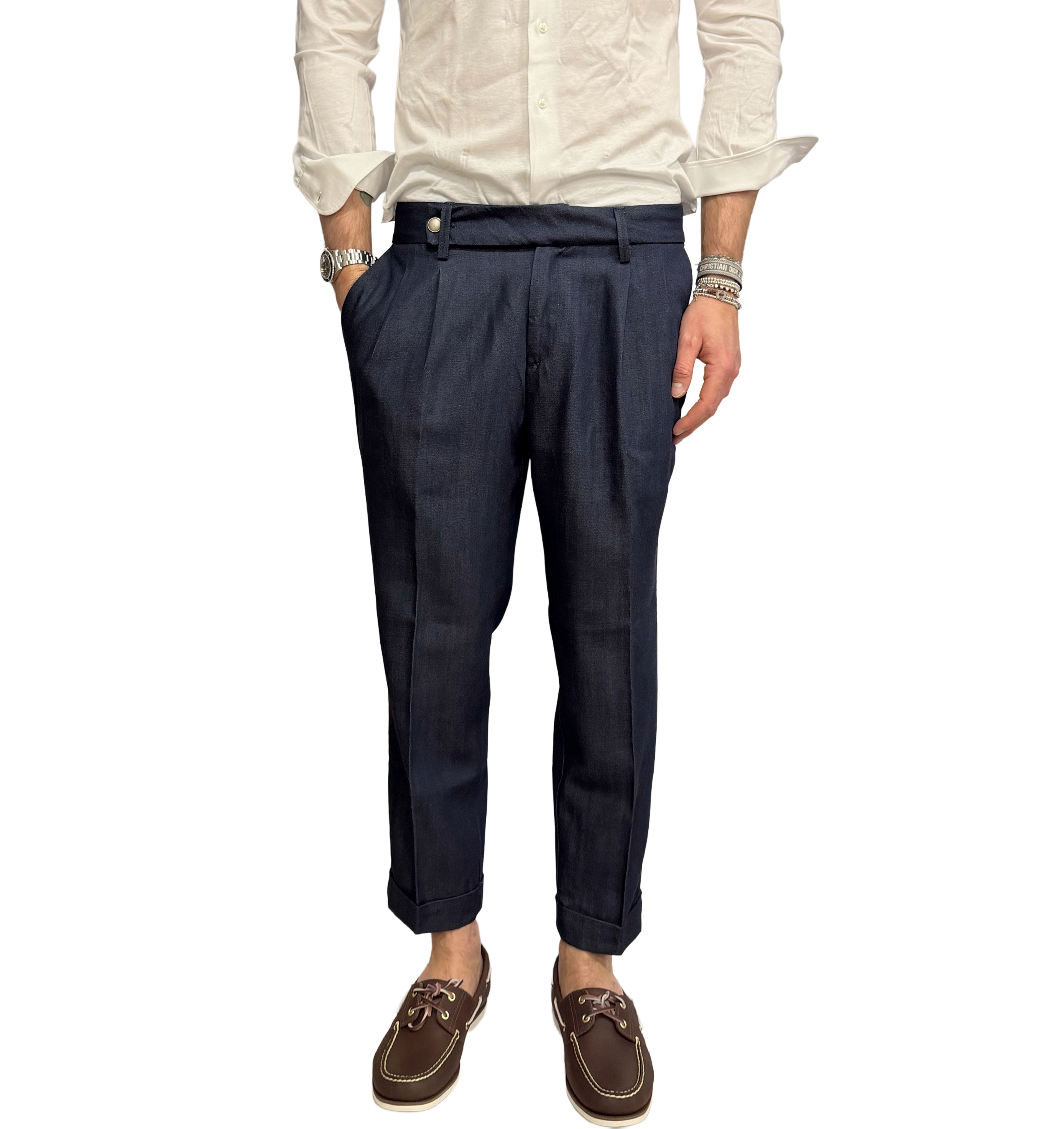 Tailored herringbone linen and cotton trousers
