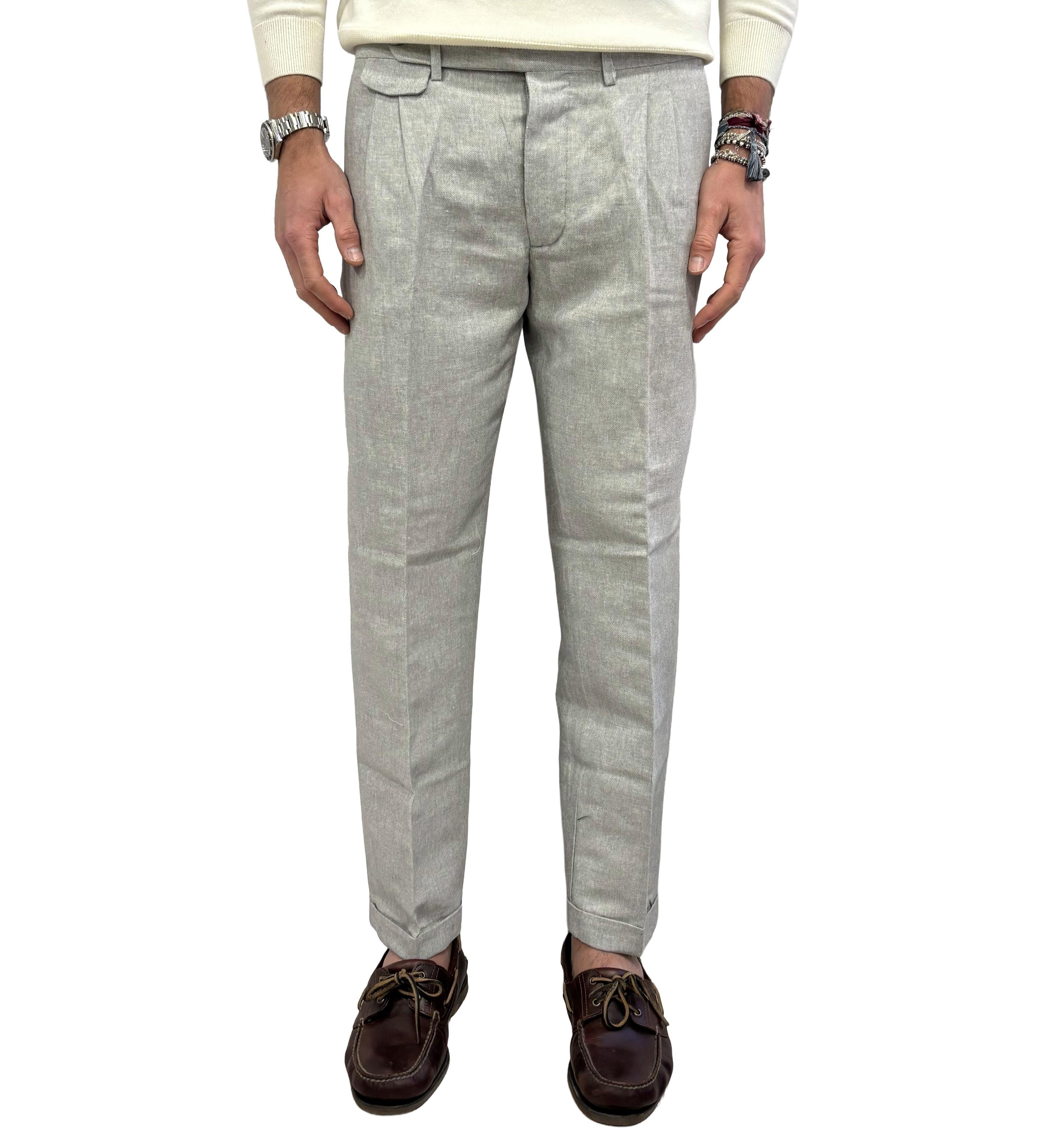 Tailored herringbone linen and cotton trousers