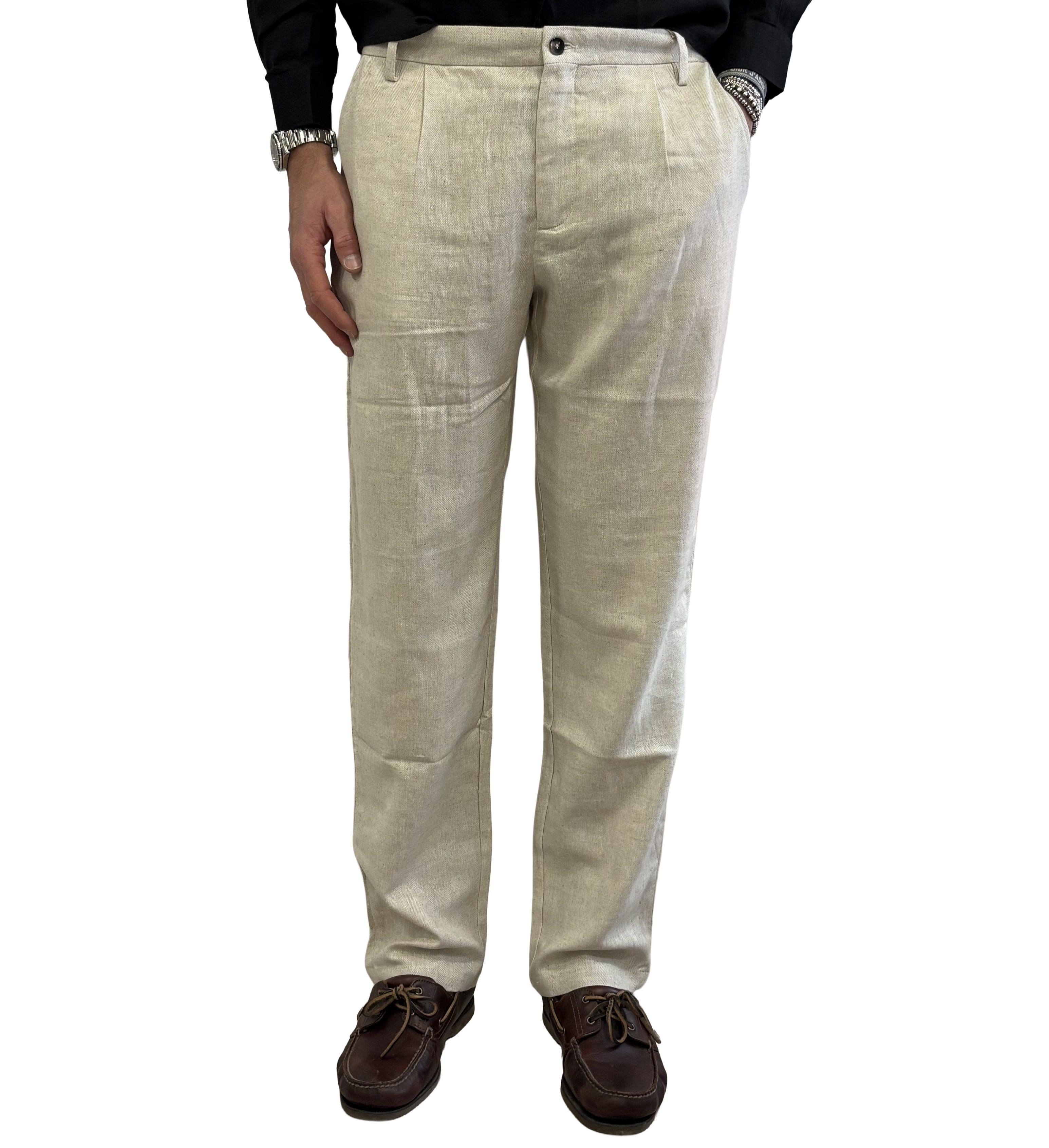 Herringbone linen and cotton trousers