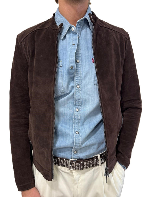 Biker in pelle scamosciata blusotto moro