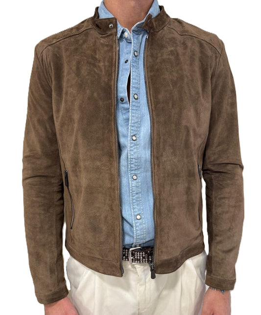 Biker in pelle scamosciata blusotto tortora