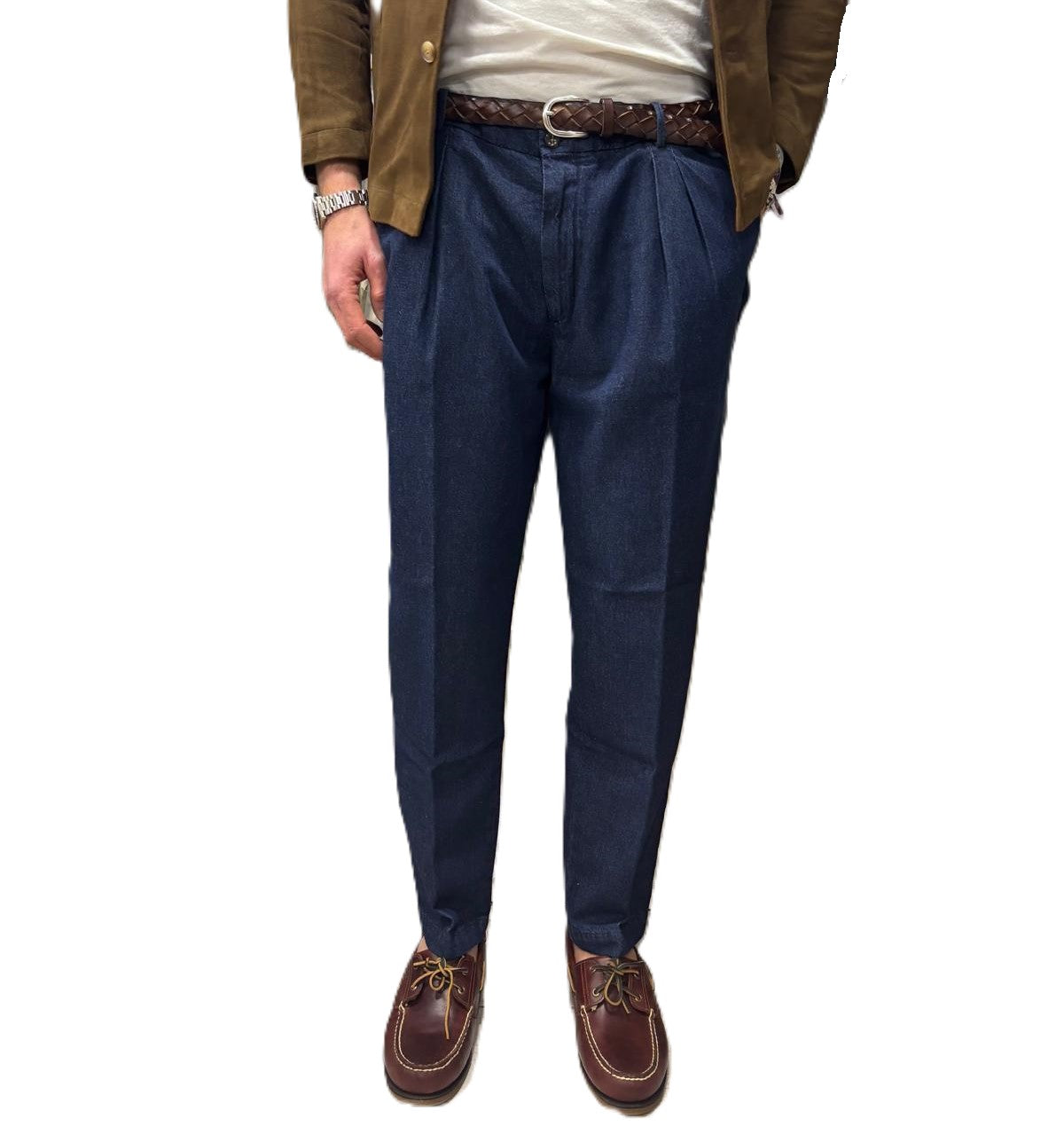 Double pleated denim trousers, American pockets, four ten
