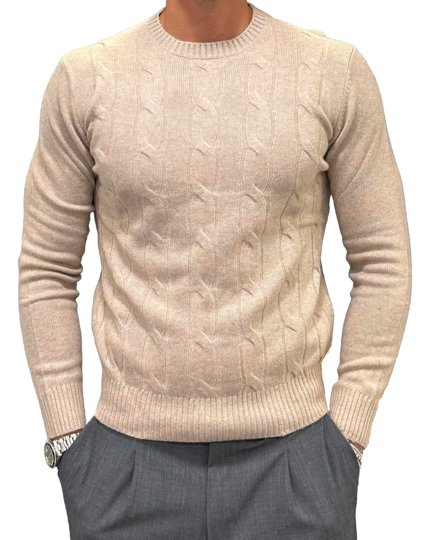 Maglione girocollo treccia lana e cashmere