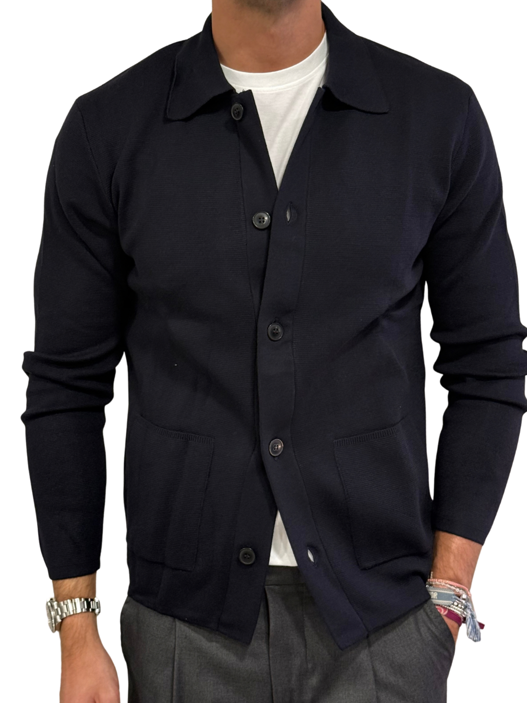 Cardigan in maglia collo camicia misto lana
